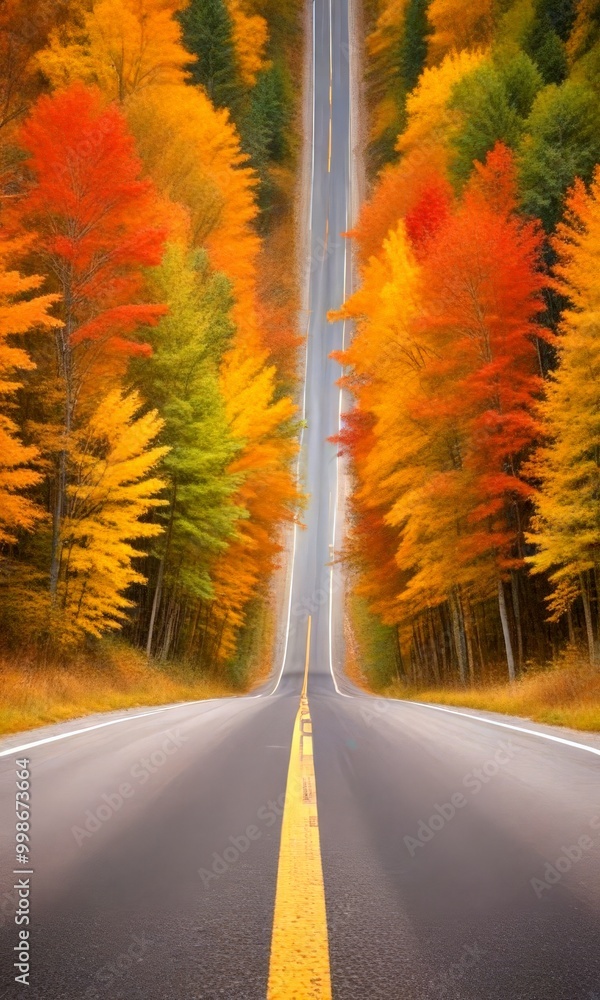 Poster A long, straight road winds through a forest of trees displaying vibrant autumn colors, creating a visually striking and serene scene