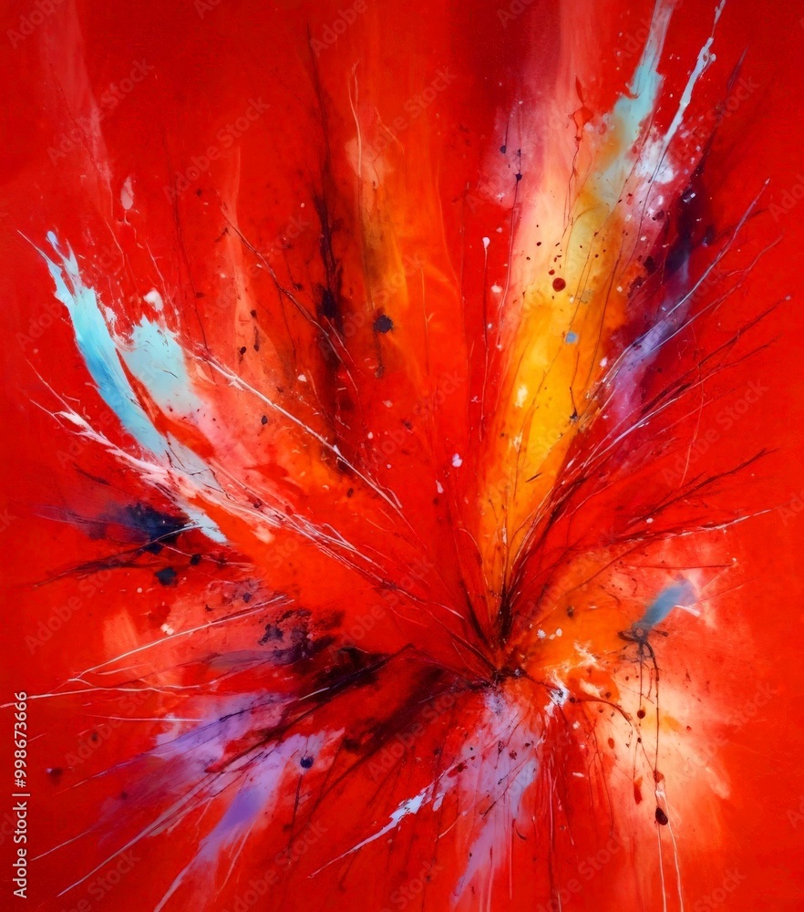 Poster the explosion is a vibrant abstract painting, featuring a dynamic composition of red, orange, and ye