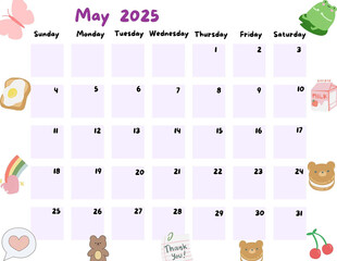 Calendar of May  2025 for Kid and childern so cute Violet Color