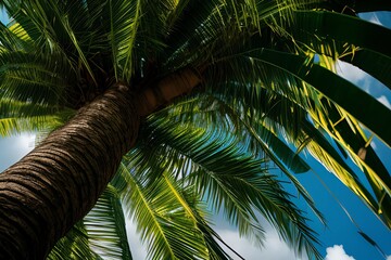 A tall palm tree stands against a clear blue sky, creating a serene tropical atmosphere