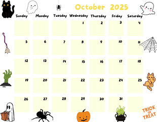 Calendar of October  2025 for Kid and childern so cute Yellow Color