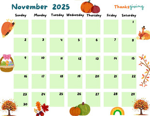 Calendar of November  2025 for Kid and childern so cute Green Color