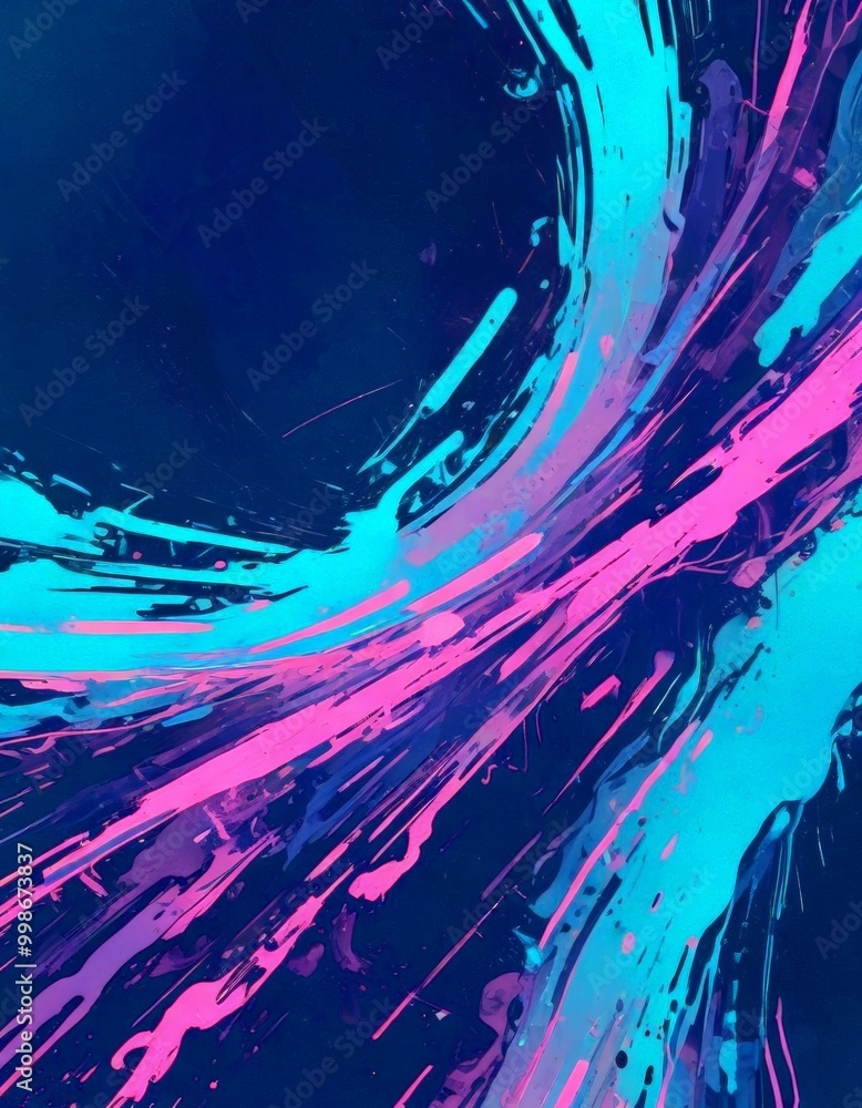 Poster a vibrant abstract composition with a dark blue background, splashes of pink and teal, and diagonal lines that create a dynamic and energetic visual effect