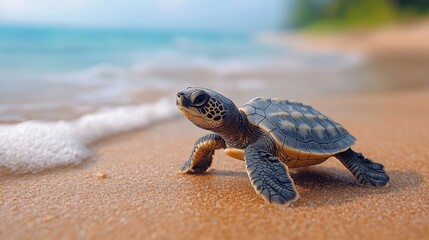 Obraz premium A turtle hatchling making its way to the ocean, with a backdrop of a beautiful sandy beach and gentle waves