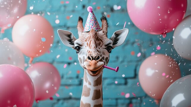 A bizarre scene of a giraffe wearing a party hat and blowing a noise maker, surrounded by balloons and confetti.