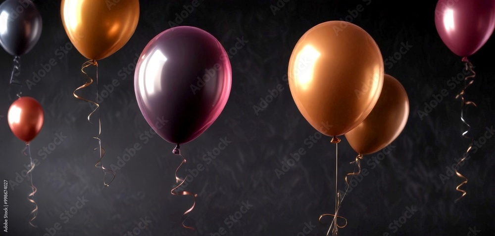 Poster colorful balloons float against a dark background, creating a festive atmosphere