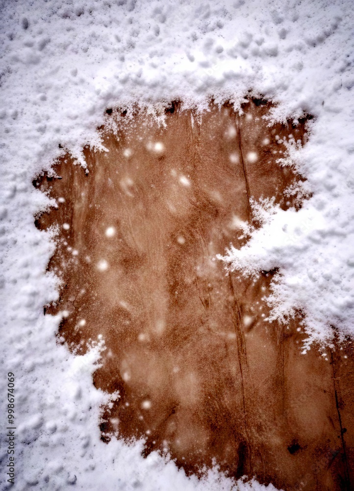 Poster a close-up view snow-covered wooden surface, with snowflakes gently falling and creating a textured,