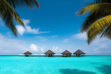 Obraz premium Tropical beach scene featuring palm trees and luxurious water villas under a clear blue sky