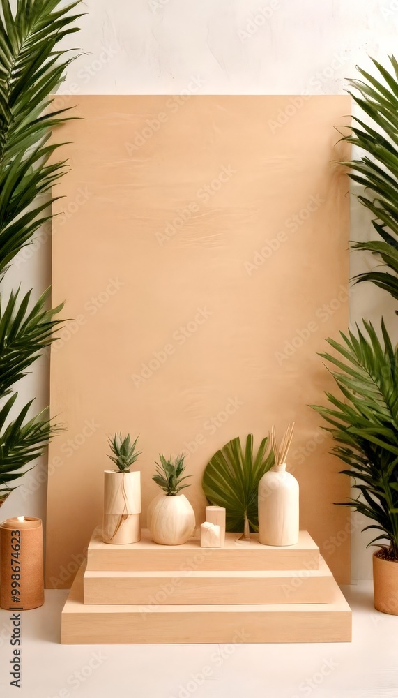 Poster a minimalist arrangement of white vases and potted plants on a beige platform, set against a light b
