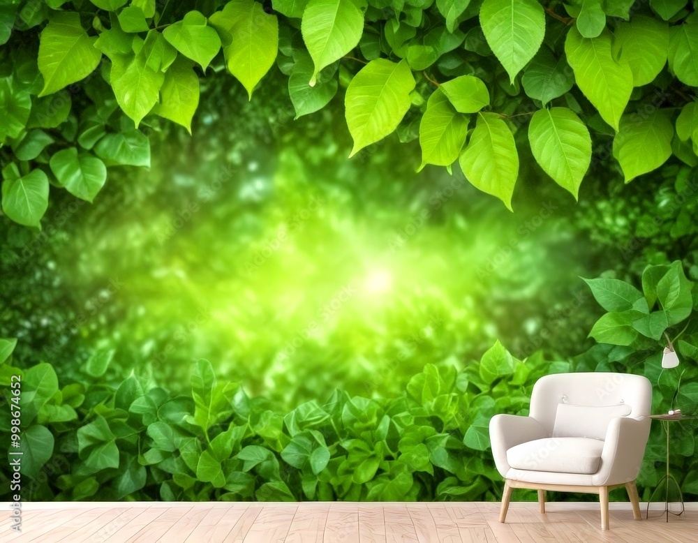 Poster a serene indoor setting with a white armchair and a small side table, set against a lush green backd