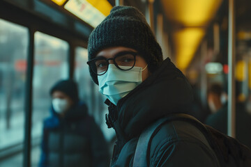 A commuter wearing a surgical mask on public transport metro, surrounded by other masked passengers, symbolizing safety in crowded, public spaces