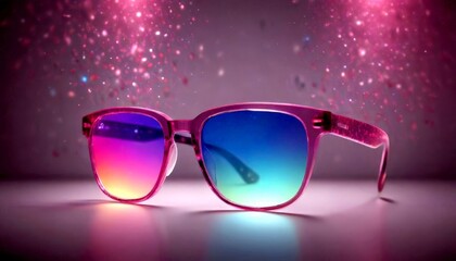 A pair of pink sunglasses with blue and purple lenses is displayed against a purple background with pink and blue lights