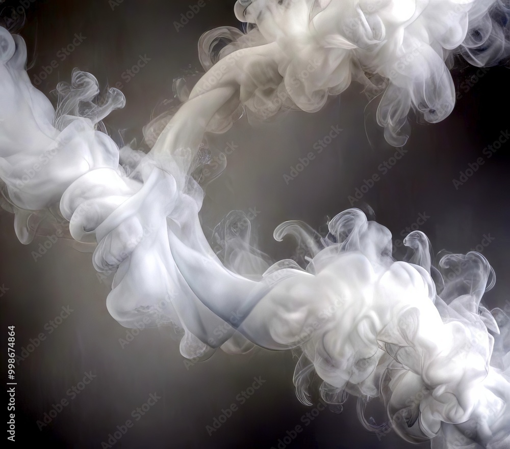 Poster a swirling pattern of white smoke against a gray background, creating an abstract and ethereal visual effect