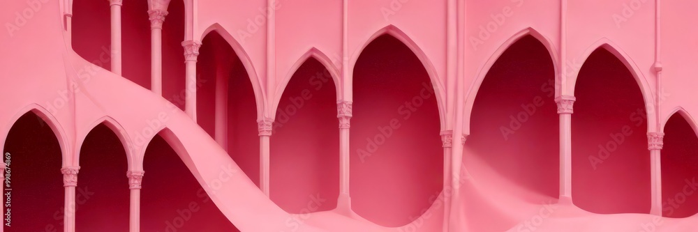 Poster a pink, abstract architectural structure with arched windows and columns, creating a visually striki
