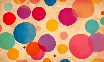 A vibrant abstract pattern of overlapping circles in various colors, including red, blue, yellow, and pink, against a beige background