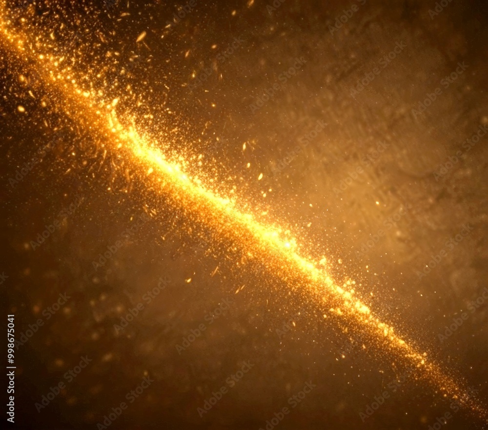 Poster a dynamic scene of golden particles or specks, scattered across a dark background, creating a sense of movement and energy