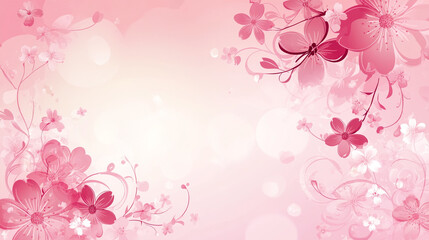 Pink floral background with swirls and pink flowers on a white background. 