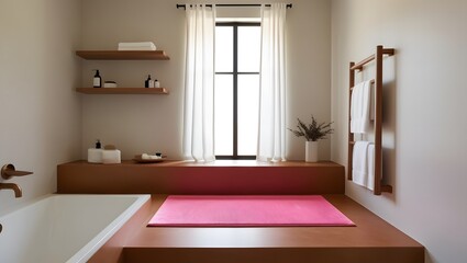 Modern Bathroom with Pink Yoga Mat and White Towels