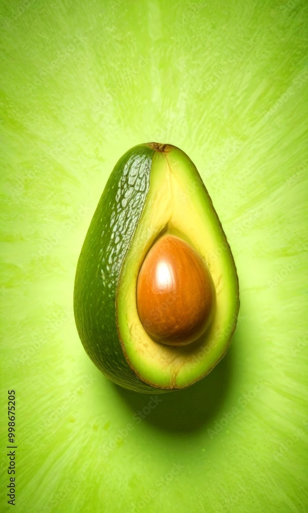 Poster a halved avocado with a brown pit in the center rests on a vibrant green background
