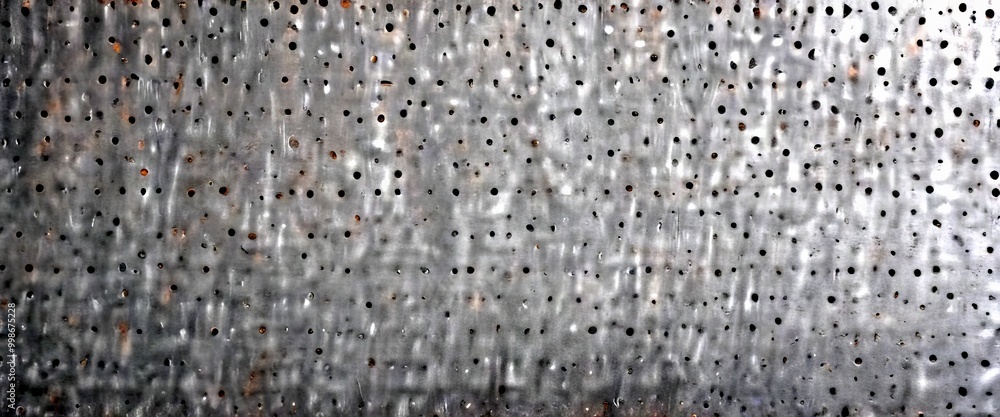 Poster A close-up view textured metal surface with a perforated pattern, featuring a mix of small holes and larger ones, creating a visually interesting and textured appearance