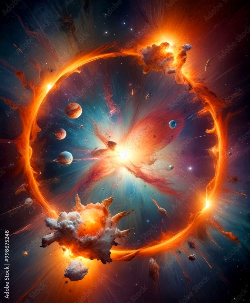 Poster a cosmic explosion, with a large cloud of dust and debris surrounding a central bright light, and sm