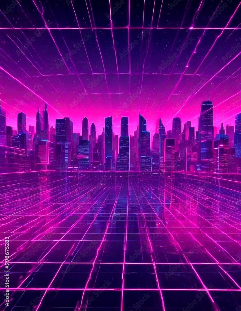 Poster a futuristic cityscape with a grid-like pattern of buildings and skyscrapers, set against a backdrop