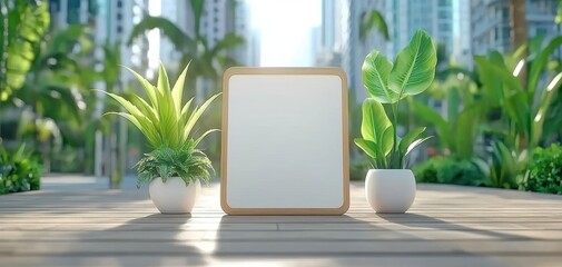 Blank wooden frame surrounded by greenery in a tranquil outdoor setting.