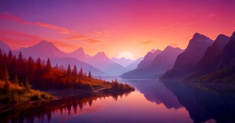 Obraz premium A breathtaking sunset paints the sky with hues of pink and orange, casting a warm glow over a serene lake surrounded by majestic mountains The calm waters reflect the