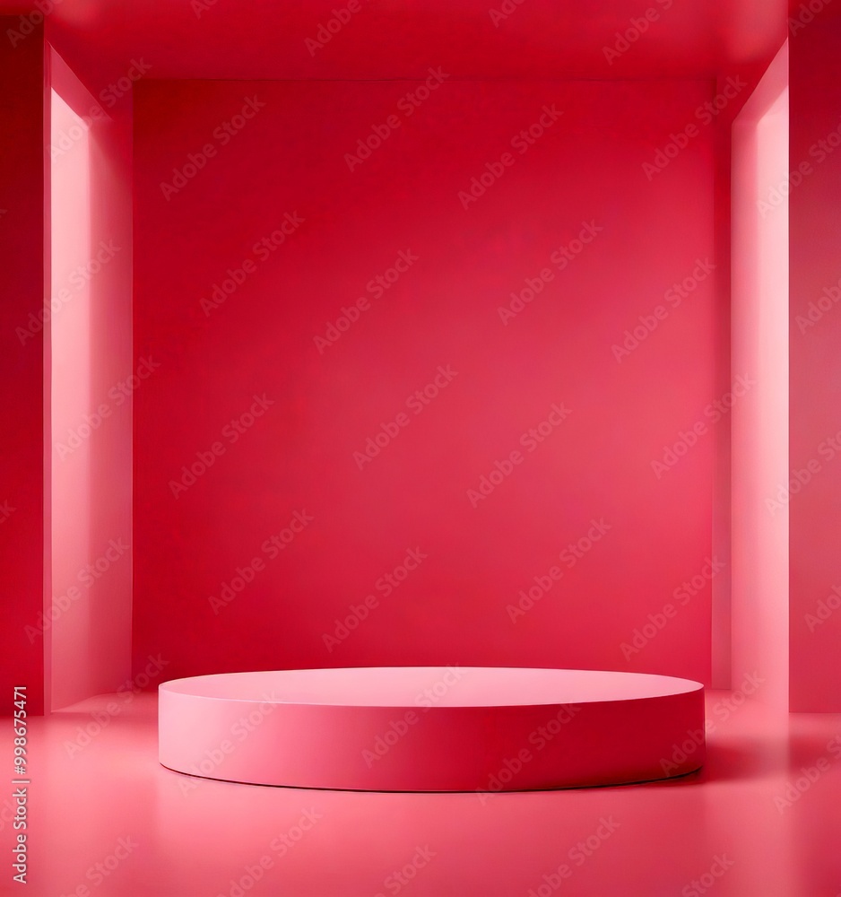 Poster a pink podium stands in a minimalist room with a pink wall and two columns on either side