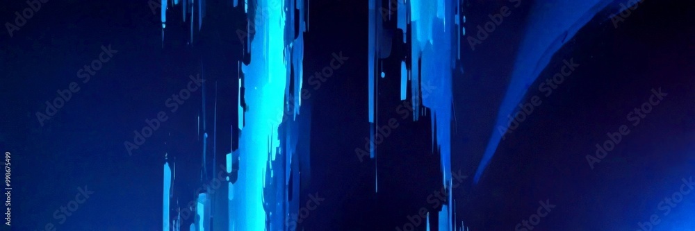 Poster a digital illustration featuring a vertical line of blue and white shapes, creating a sense of depth