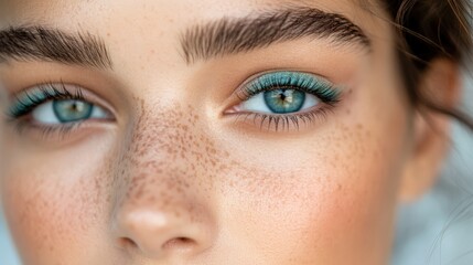 Fototapeta premium Minimalist beauty with blue eyeshadow and freckles for spring makeup inspiration