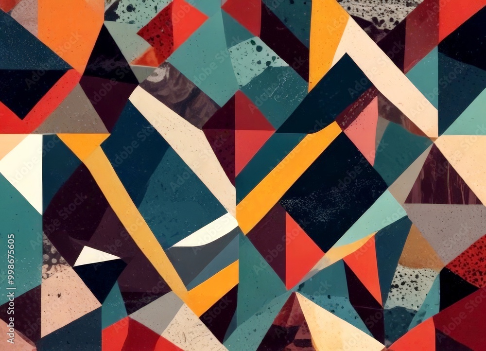 Poster a vibrant abstract composition featuring a variety of geometric shapes and colors, including triangl