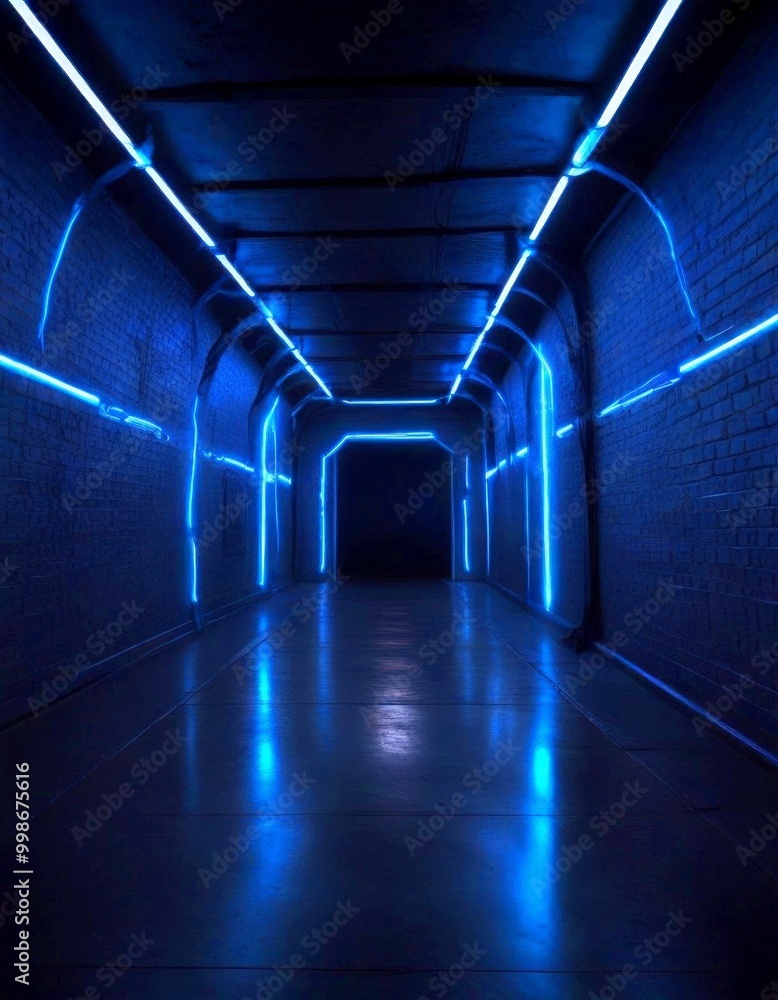 Poster a long, dimly lit corridor with a series of blue neon lights lining the walls, creating a sense of d