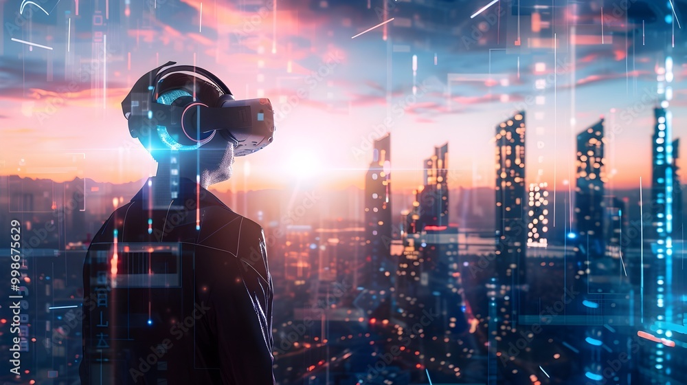 Poster futuristic virtual reality classroom with and robotics lessons in a cityscape landscape