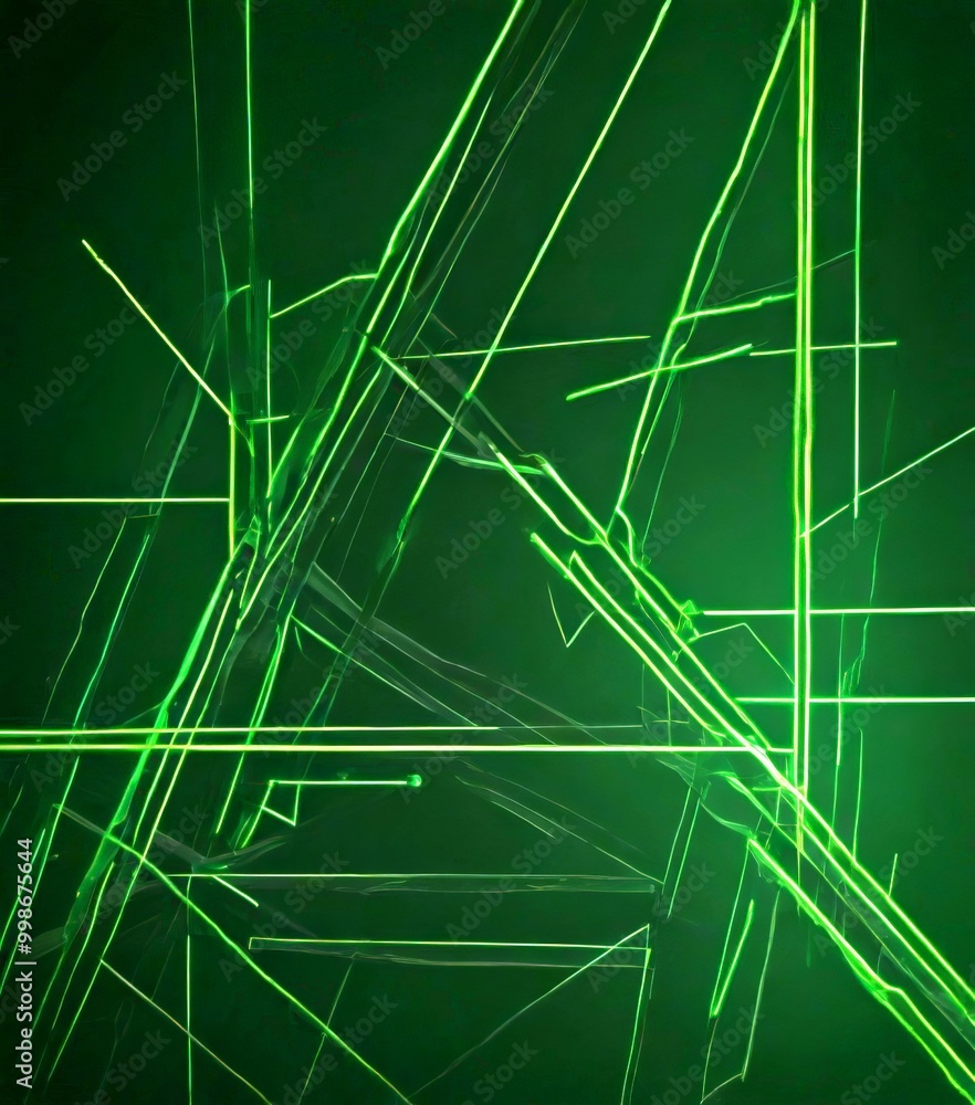 Poster a complex pattern of intersecting green lines and arrows against a dark green background, creating a visually striking abstract design