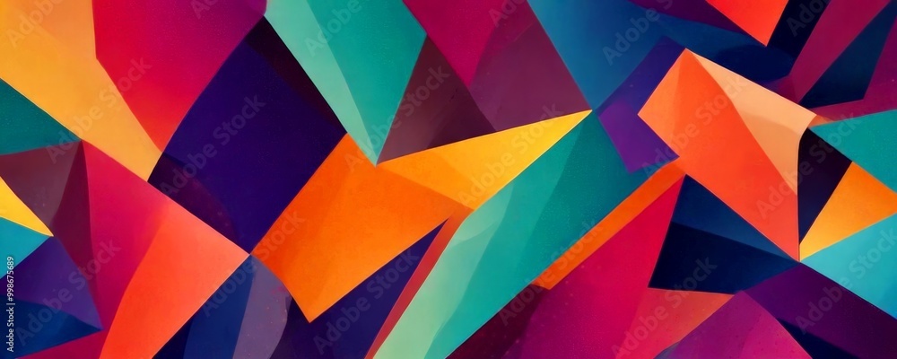 Poster a vibrant abstract composition of intersecting lines and triangles in a variety of bright colors, including shades of pink, orange, yellow, green, blue, and purple