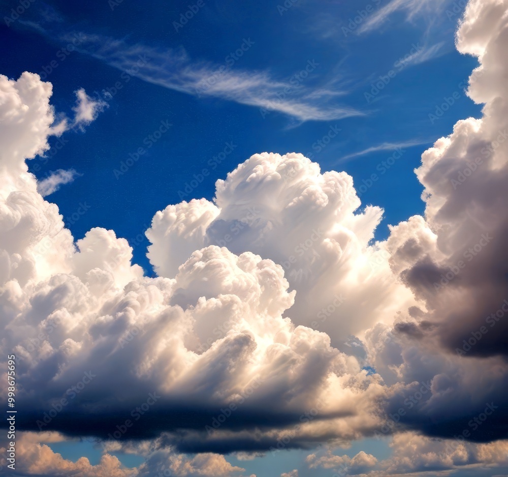 Poster a dramatic sky filled with fluffy white clouds, with a few wispy clouds and a blue sky with a few wi