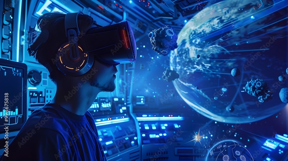 Poster virtual reality classroom on high tech futuristic spaceship exploring alien cultures and deep space