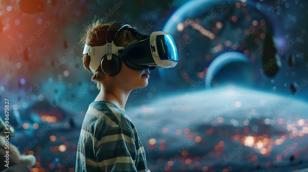 Poster virtual reality classroom in a futuristic spaceship exploring deep space and alien cultures