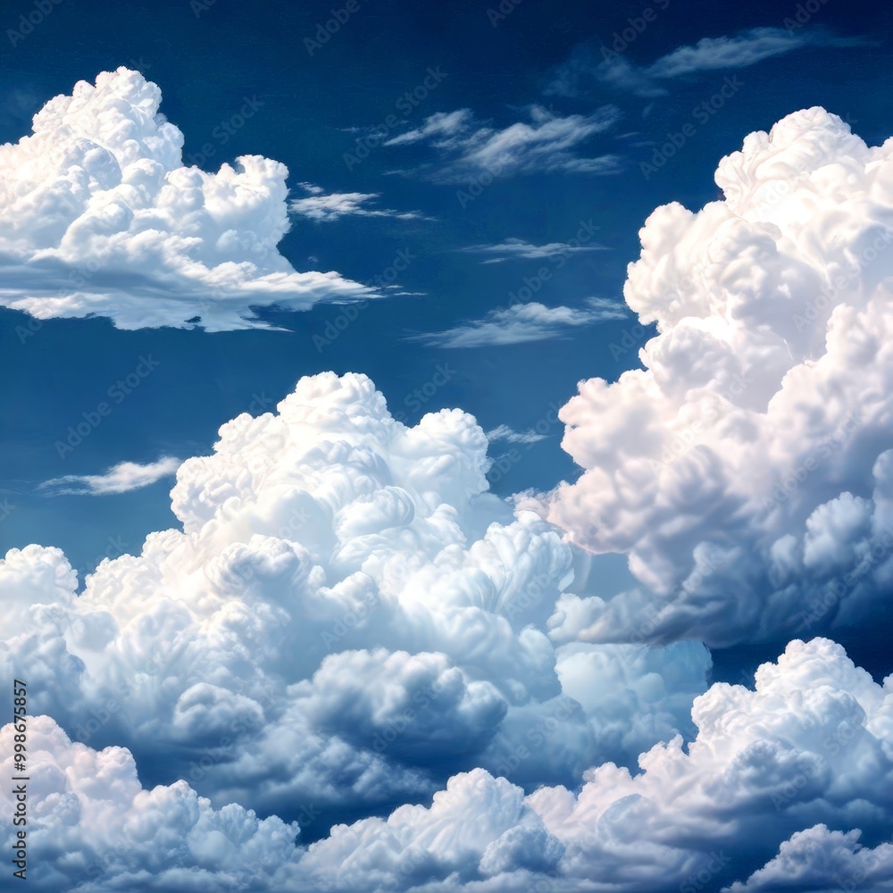 Poster a serene sky filled with fluffy white clouds, creating a tranquil and dreamy atmosphere
