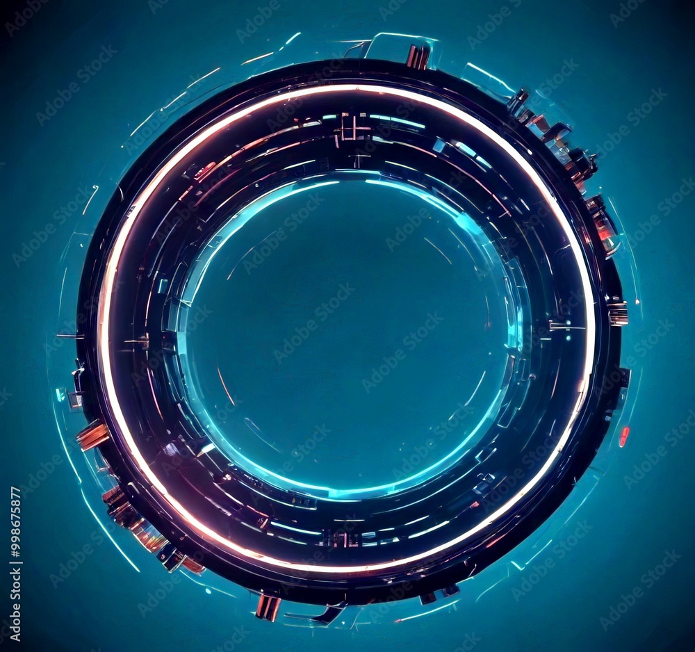 Poster a futuristic, circular interface with a dark blue background and a glowing, neon-like border The interface features a series of interconnected lines