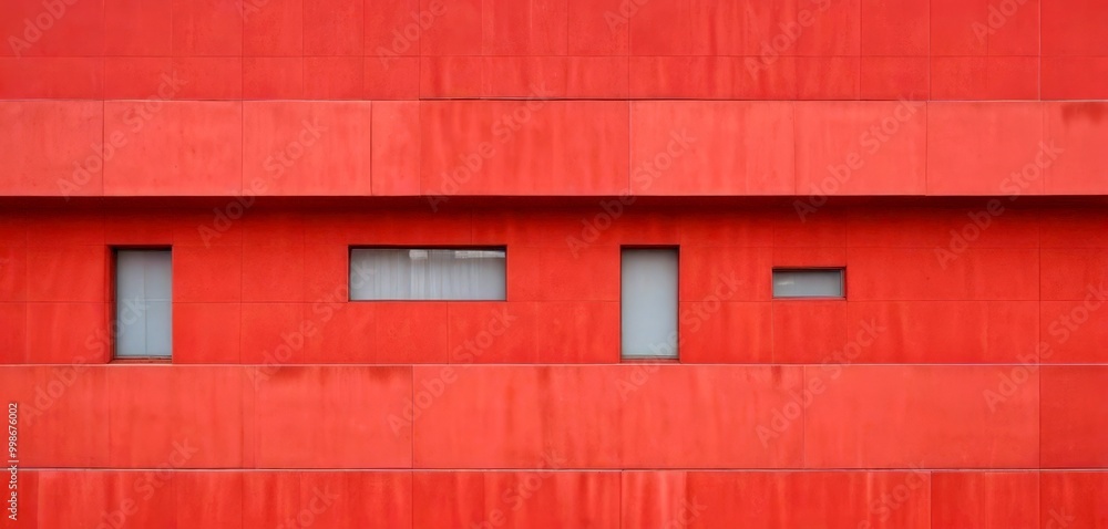 Aufkleber a red building with three rectangular windows, each with a white curtain, arranged in a horizontal line