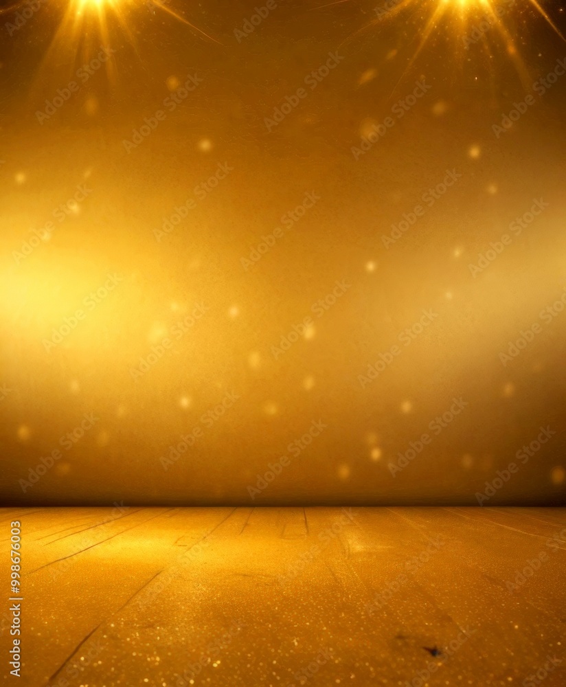 Poster a golden-hued stage or performance area, with a wooden floor and a spotlight casting a warm glow on 