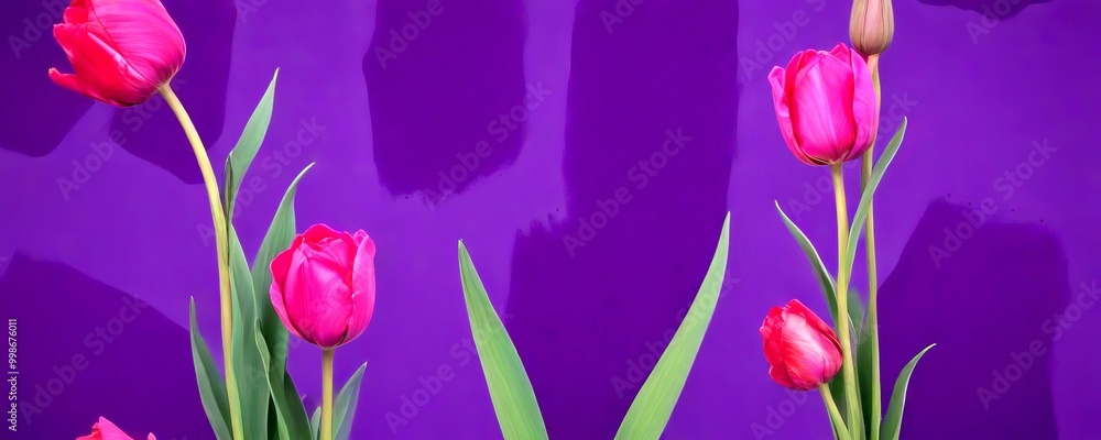 Poster Pink tulips in full bloom stand against a purple background, with a subtle shadow effect adding depth to the composition
