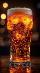 Refreshing amber beer in a glass with bokeh lights for spring beverages concept
