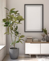 A stylish indoor plant in a modern pot, positioned next to a wooden sideboard with a blank picture frame, enhancing the contemporary room decor. 3D rendering