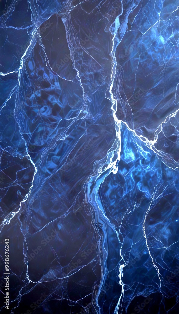 Poster a close-up view dark blue marble surface with a striking pattern of white lines and swirls, creating a sense of movement and depth