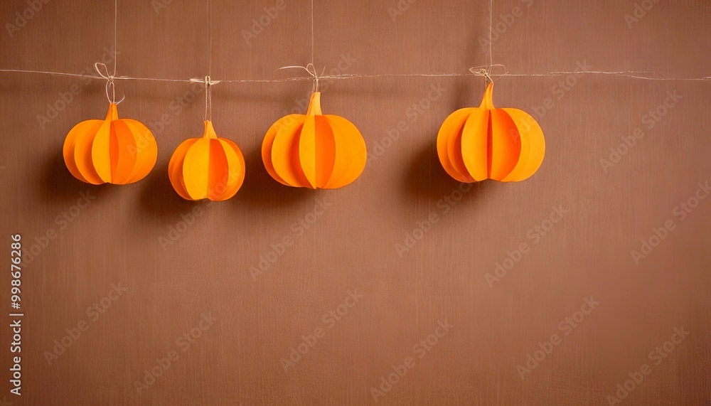 Poster four orange paper pumpkins hang from a string against a brown background