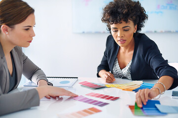 Color swatch, design and meeting with business people in boardroom of office for collaboration....