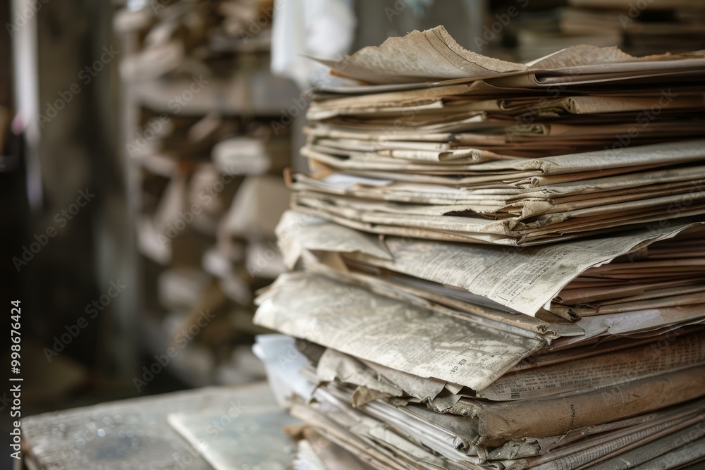 Poster stack of old newspapers piling up in a dusty room, creating a nostalgic and forgotten atmosphere